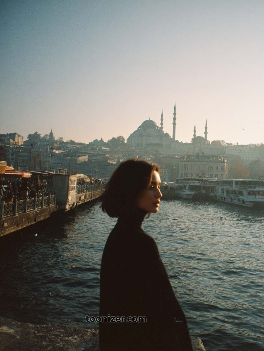Silhouette by Istanbul waterfront at sunset