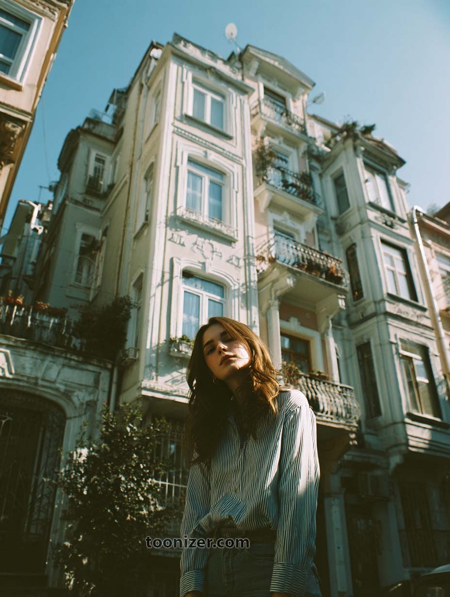 Person standing by old European building in sunlight.