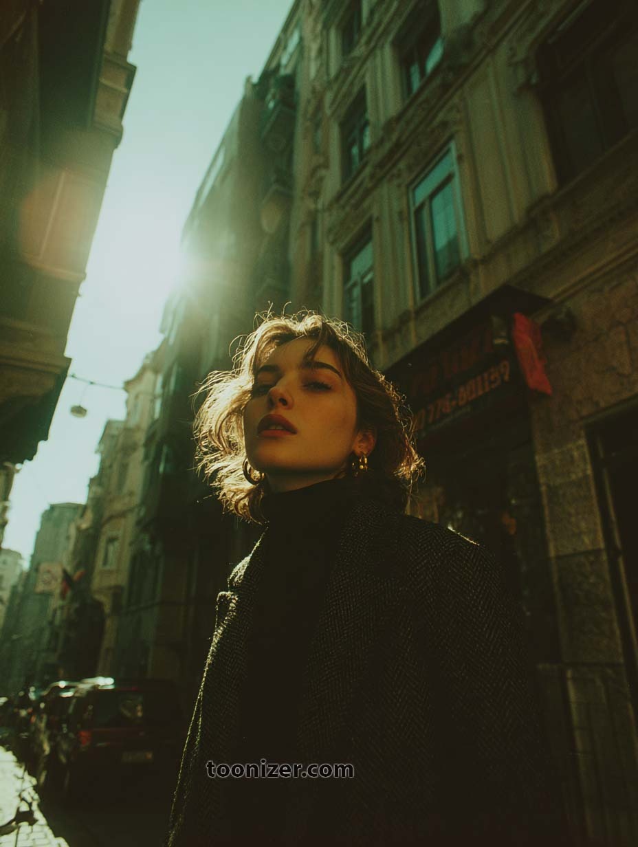 Woman in city street under bright sunlight