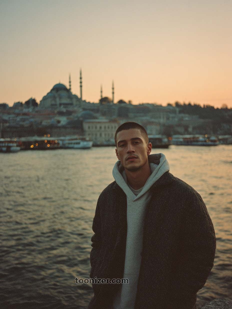 Person by Istanbul waterfront at sunset