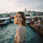 Woman in floral dress near waterfront at sunset.