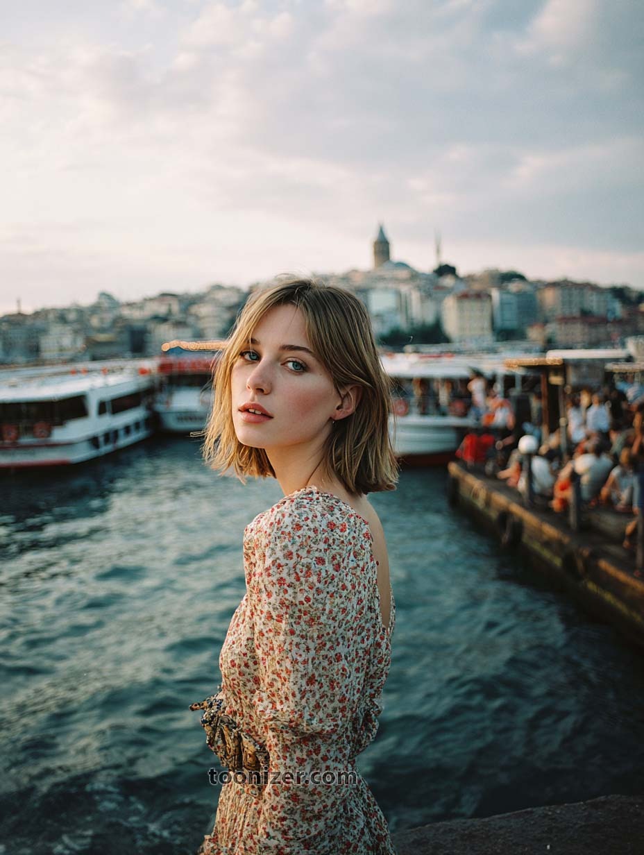 Woman in floral dress near waterfront at sunset.