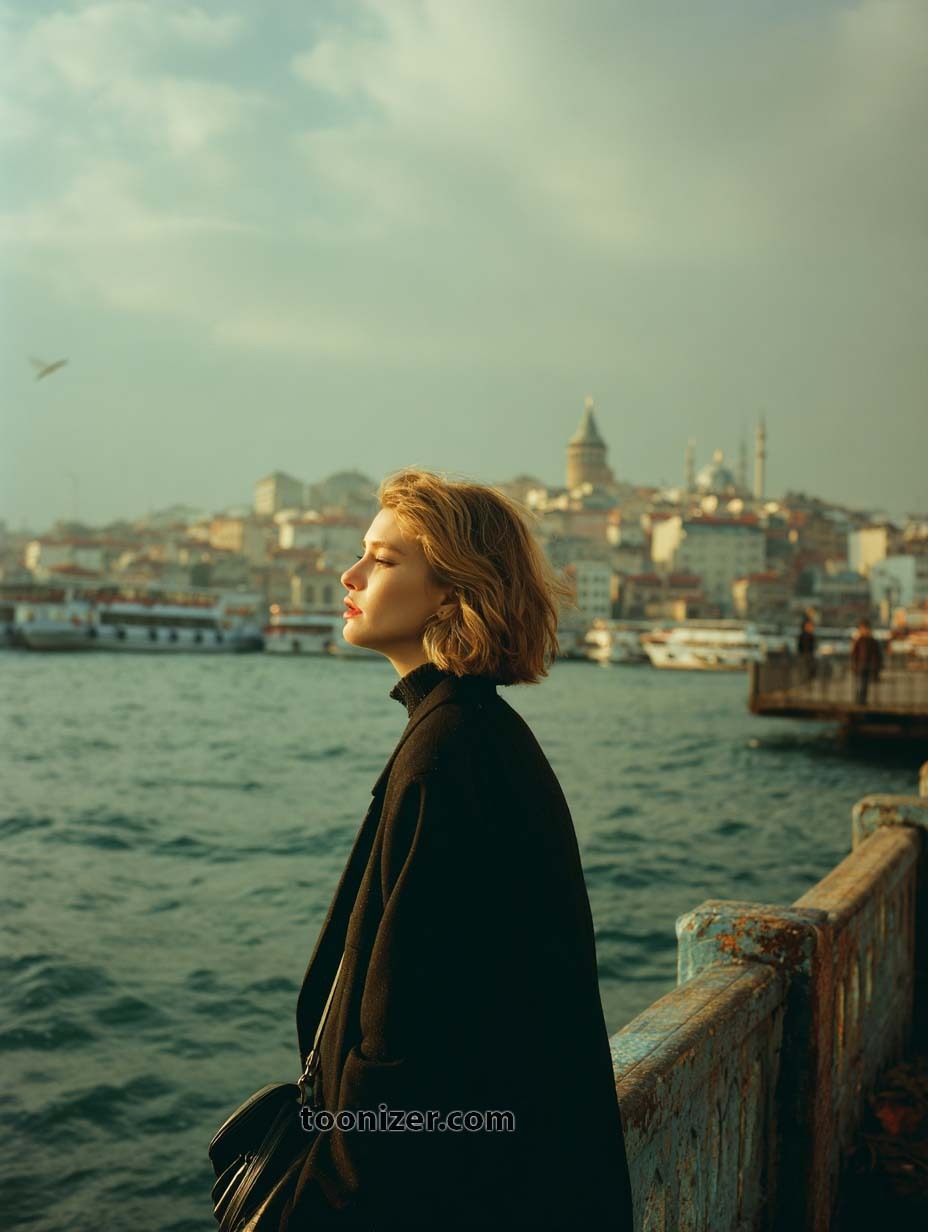 Woman gazes over city waterfront at sunset.