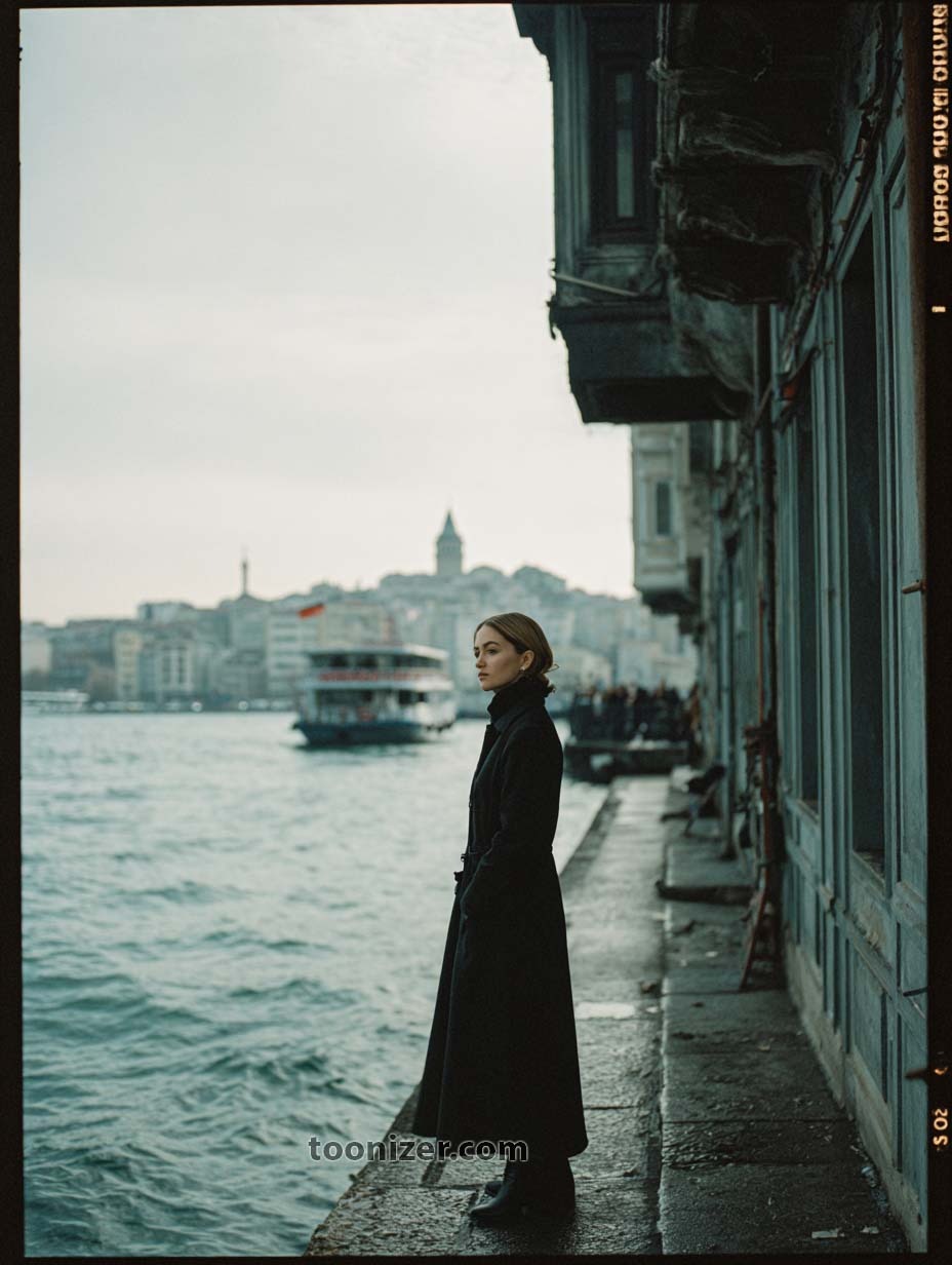 Woman standing by water in cityscape view.
