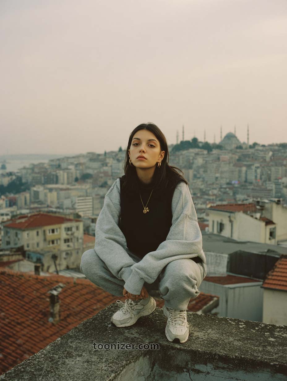 Person in gray tracksuit on urban rooftop.