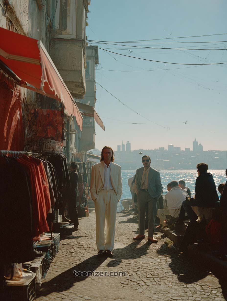 Men in suits by waterfront market stall