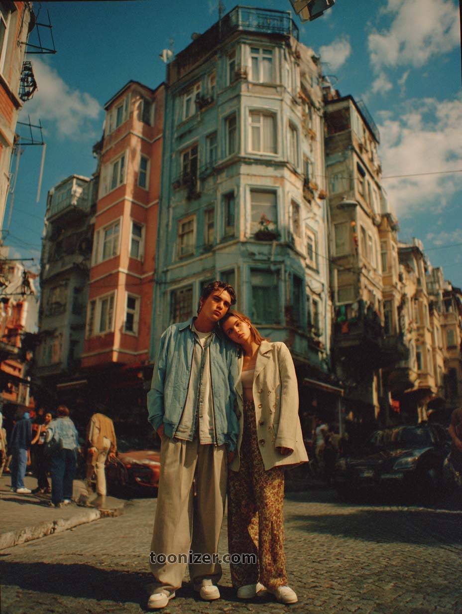 Couple standing in front of old colorful buildings.