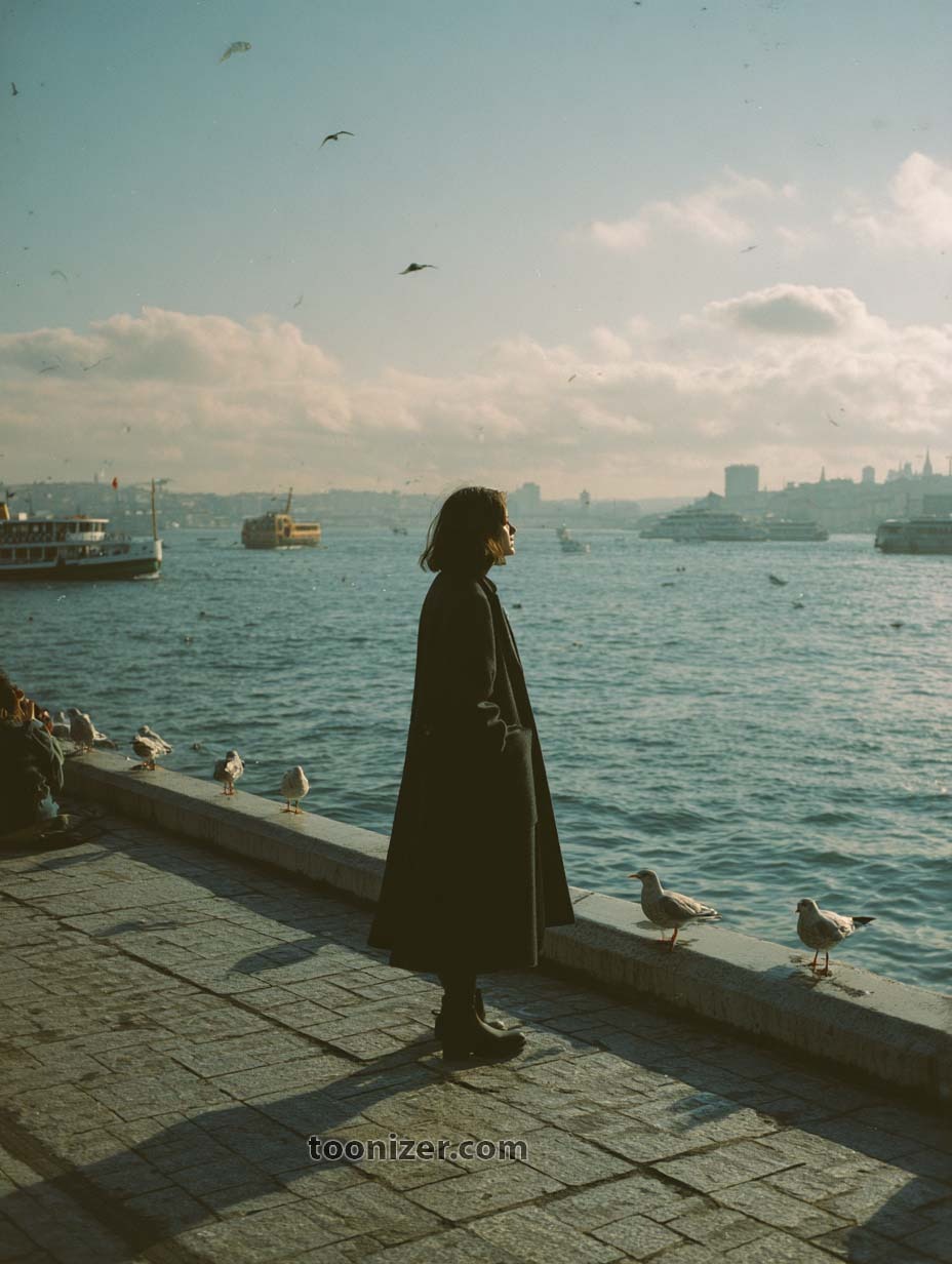 Person standing by waterfront with seagulls and boats.