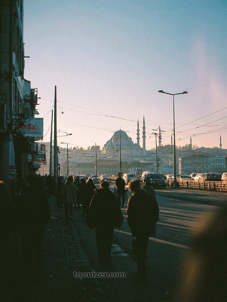 People walking on bridge towards mosque at sunset.