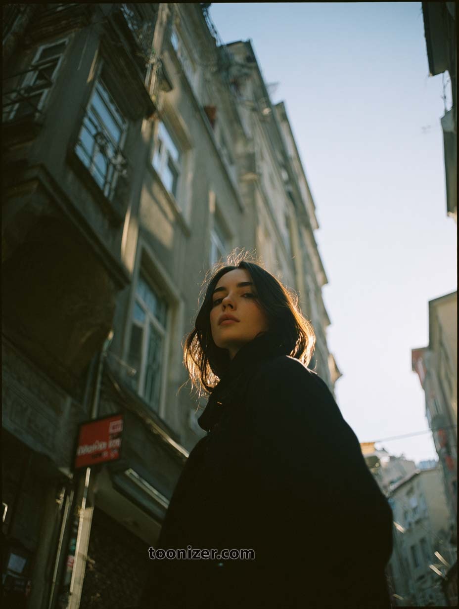Person standing near old buildings in sunlight