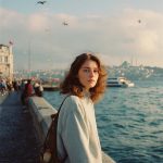 Woman on waterfront with city skyline backdrop