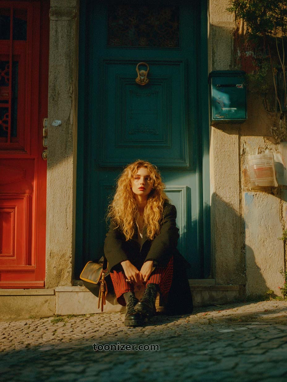Woman sitting in front of colorful doors