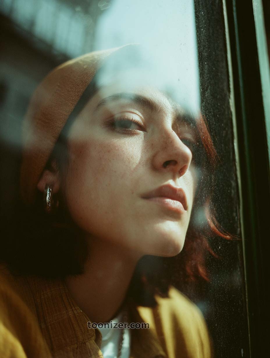 Person in hat looking through window.