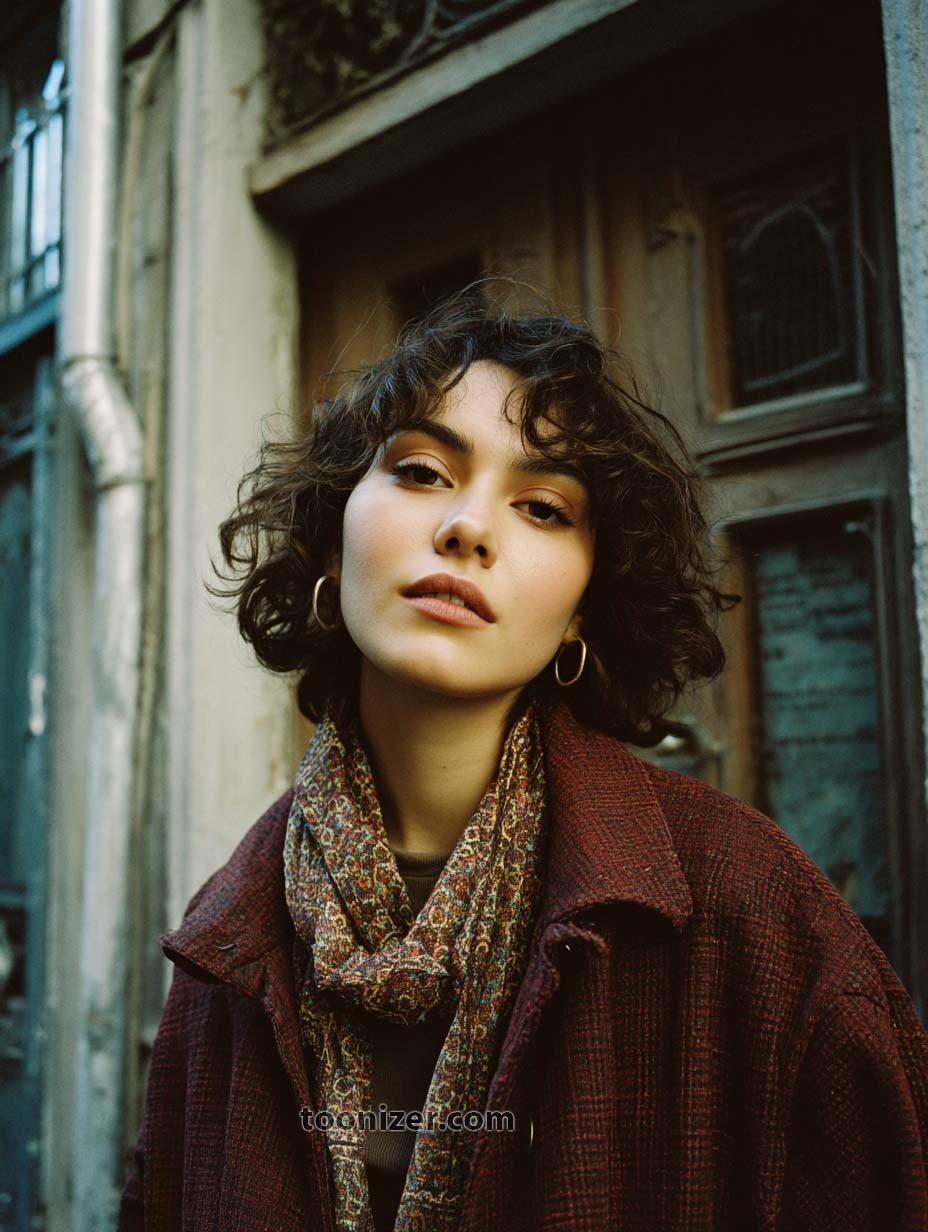 Person with curly hair wearing patterned scarf outdoors.