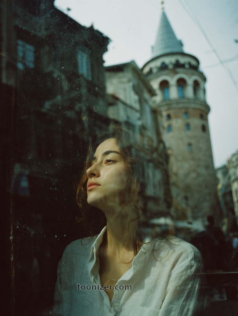 Woman reflecting through window, historic tower in background.