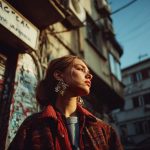 Woman in urban area with afternoon sunlight.