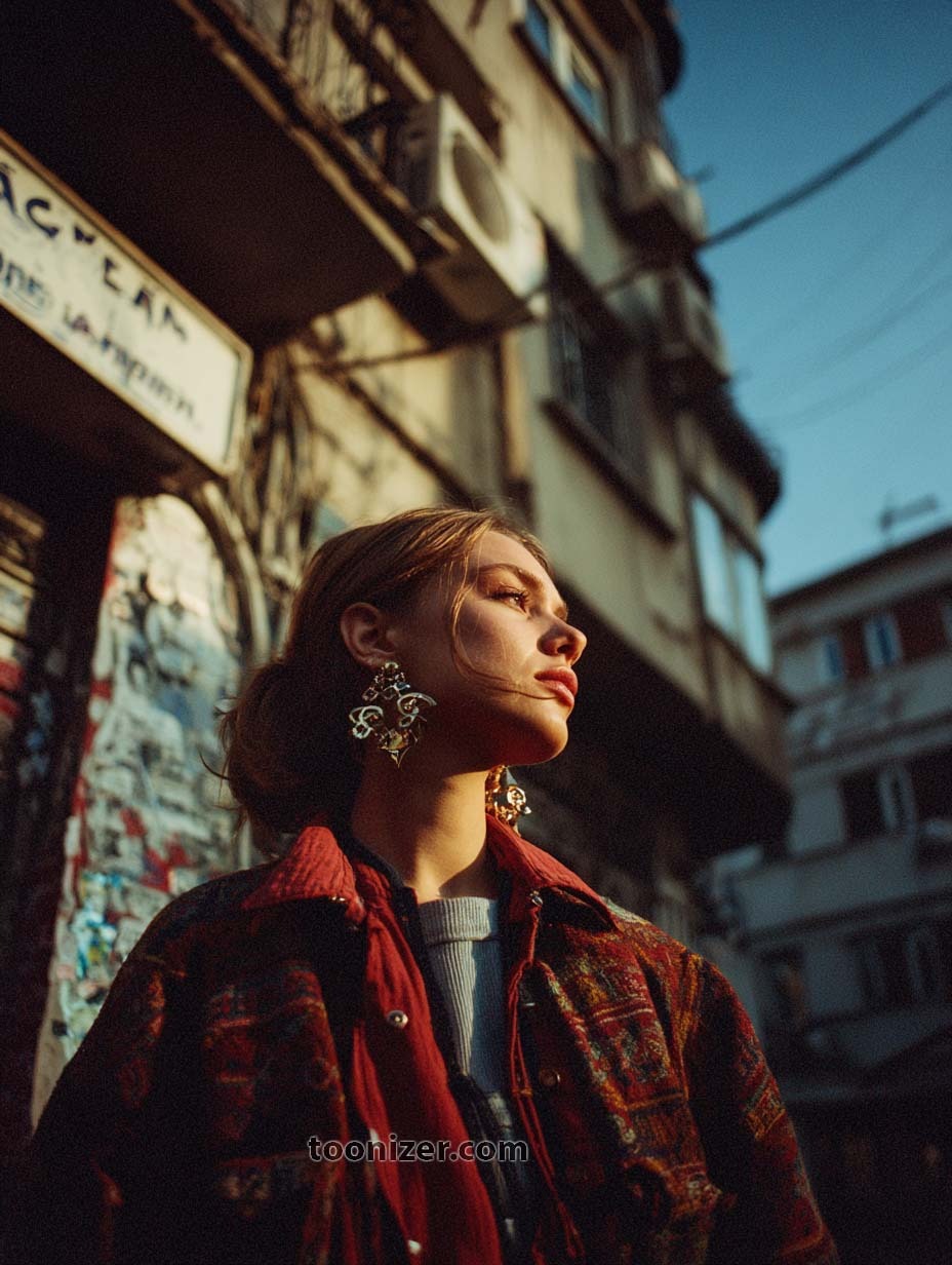 Woman in urban area with afternoon sunlight.