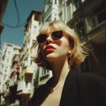 Woman in sunglasses standing on a sunny city street.