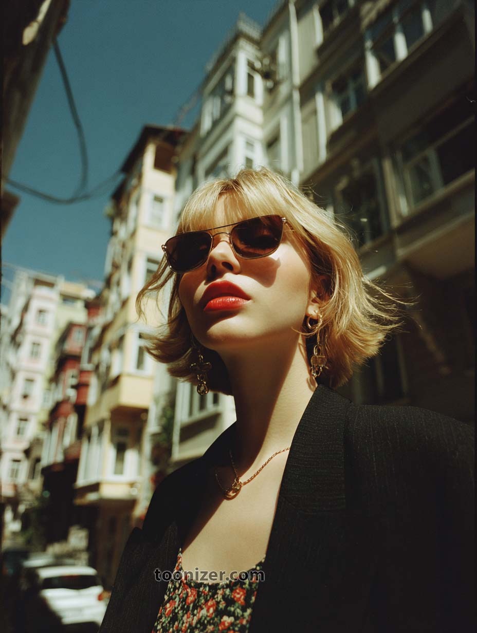 Woman in sunglasses standing on a sunny city street.