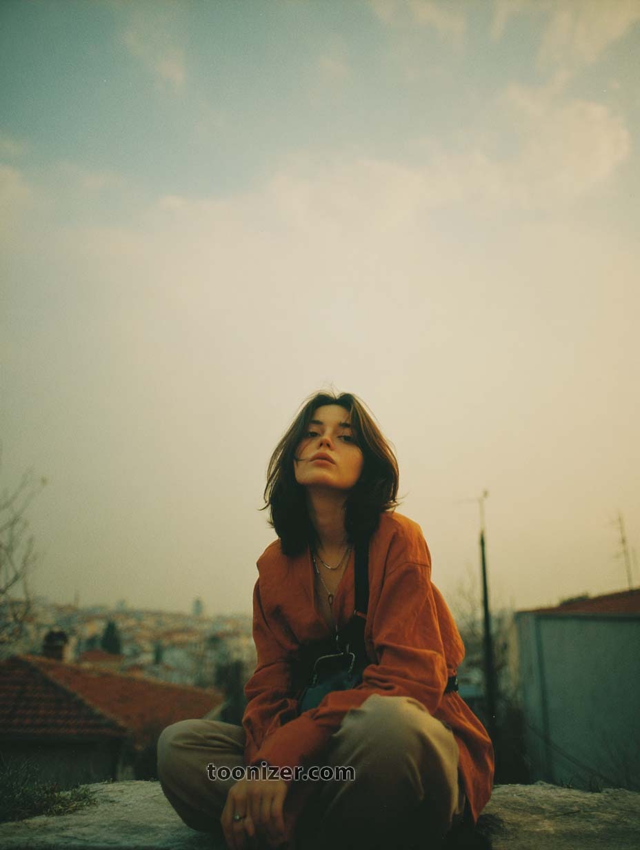 Person sitting outdoors at sunset, wearing orange jacket.
