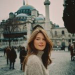 Woman standing in front of historic mosque.