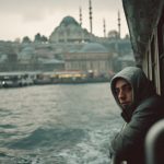 Person on ferry with city skyline in background