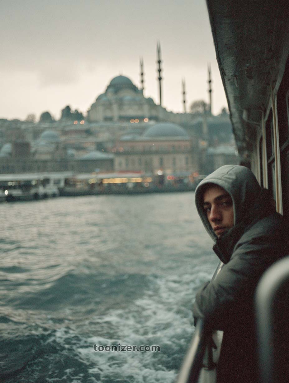 Person on ferry with city skyline in background