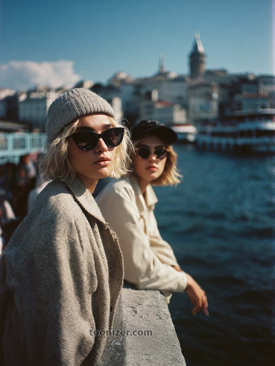Two women by waterfront, city skyline background.