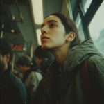 Woman in crowded subway wearing a jacket.