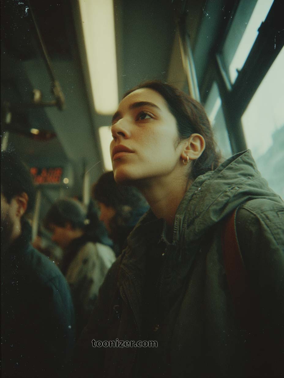 Woman in crowded subway wearing a jacket.