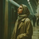 Woman waiting at subway station platform.