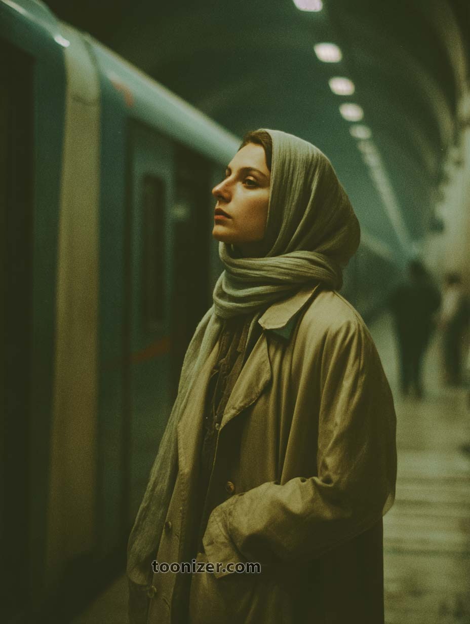 Woman waiting at subway station platform.