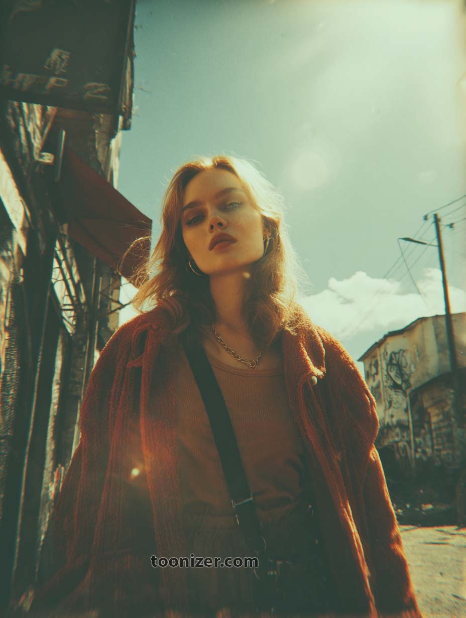 Stylish woman in urban street setting, vibrant sunlight.