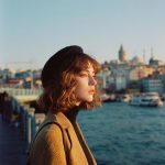 Woman by river with city in background.