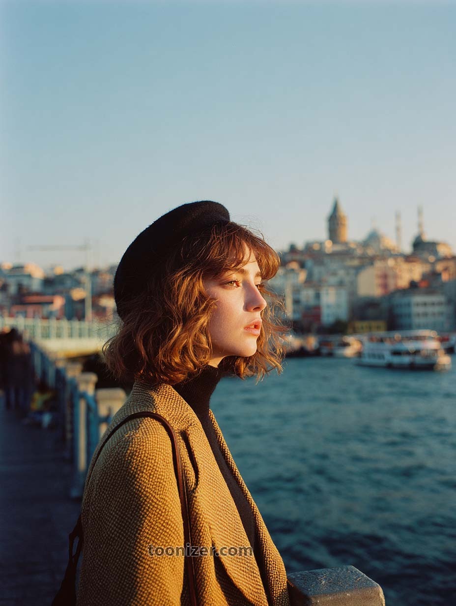 Woman by river with city in background.