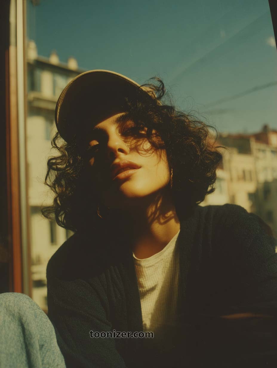 Person in sunlight with curly hair and cap
