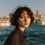 Woman by the sea with cityscape background.