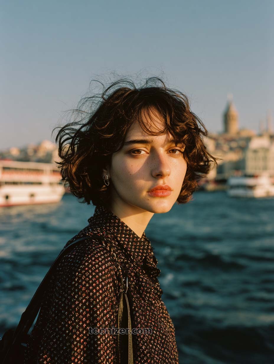 Woman by the sea with cityscape background.