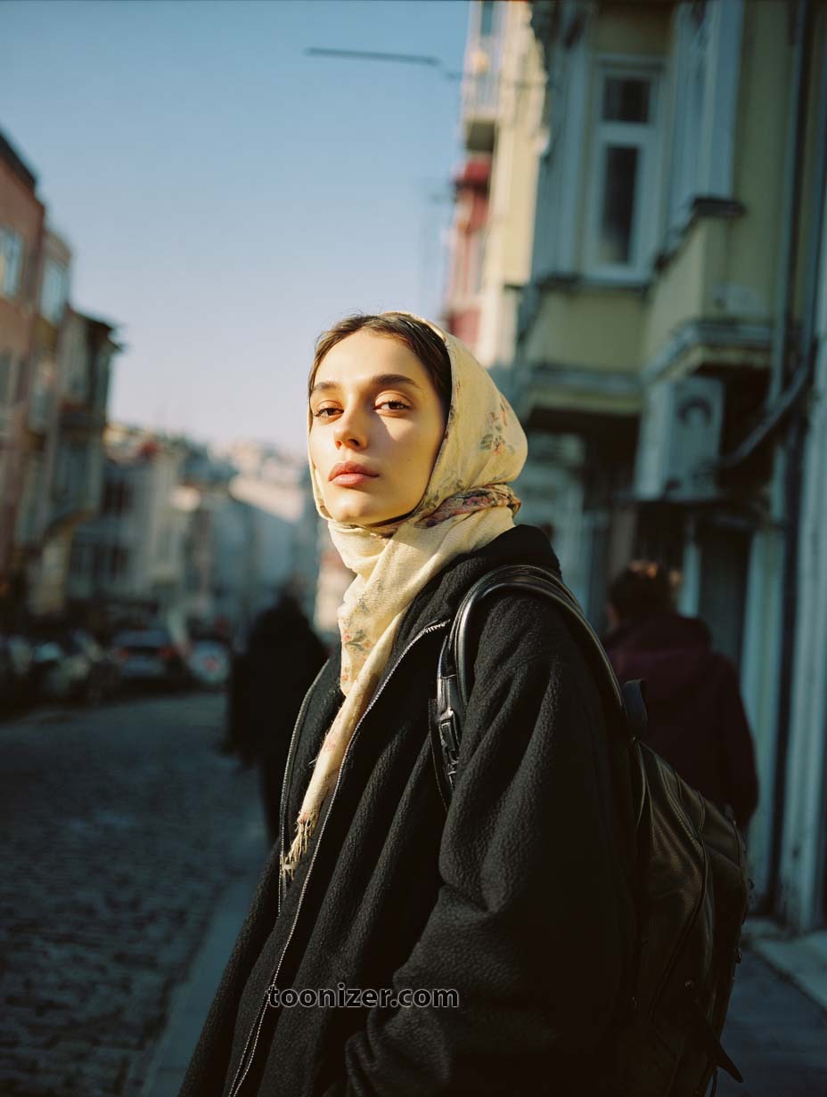 Person in scarf walking on city street