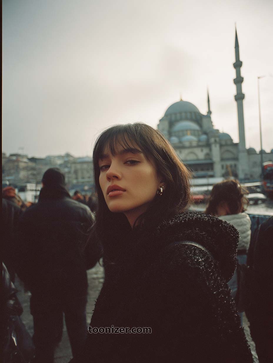 Woman in black coat near mosque