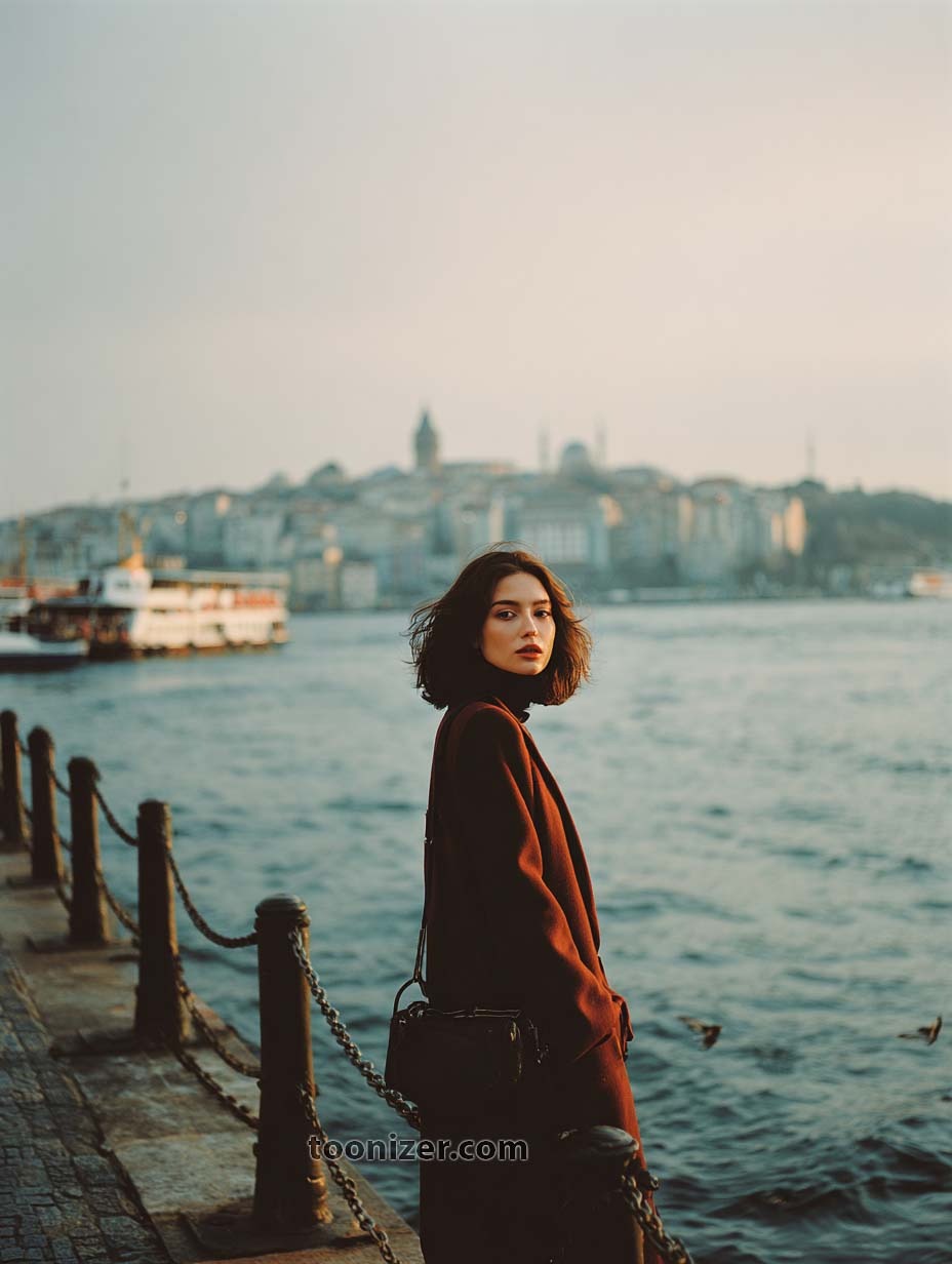 Woman by waterfront with cityscape background