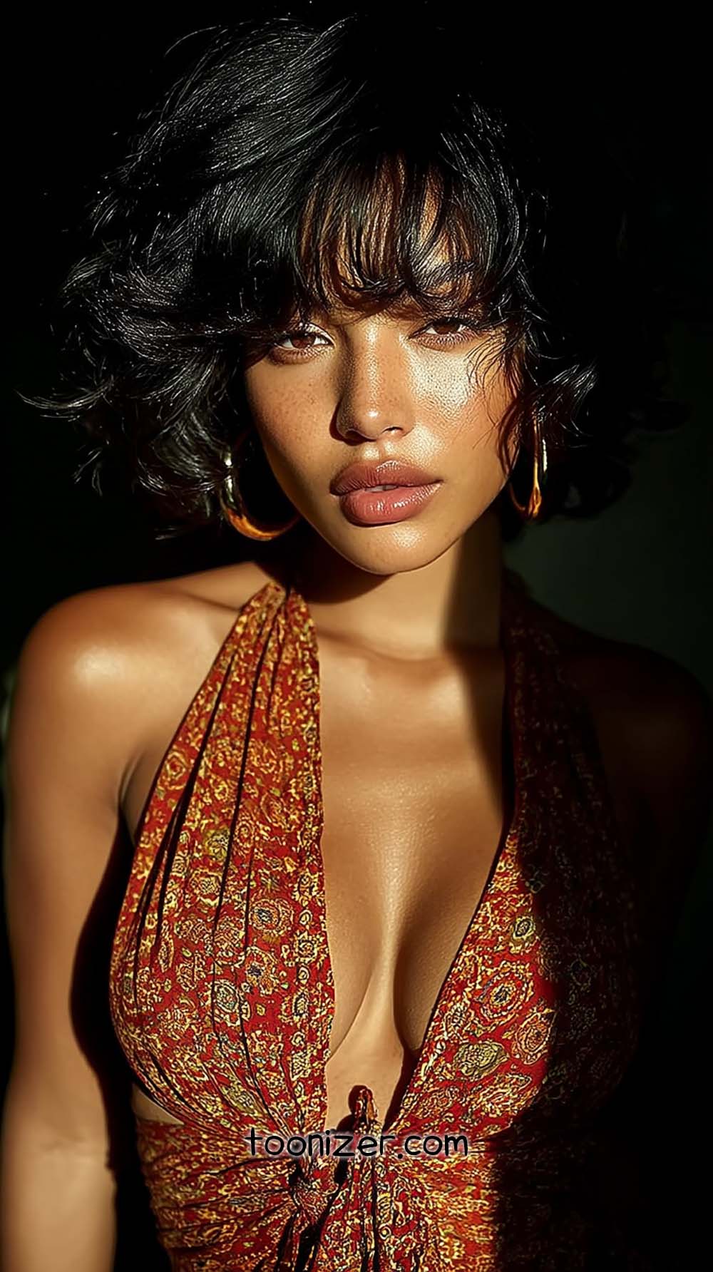 Woman in patterned dress with curly hair and earrings.
