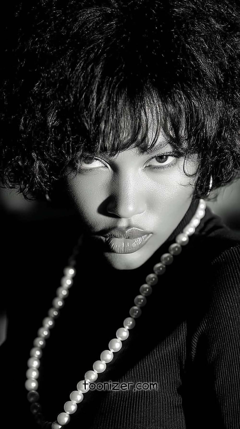 Black and white portrait with pearls emphasis