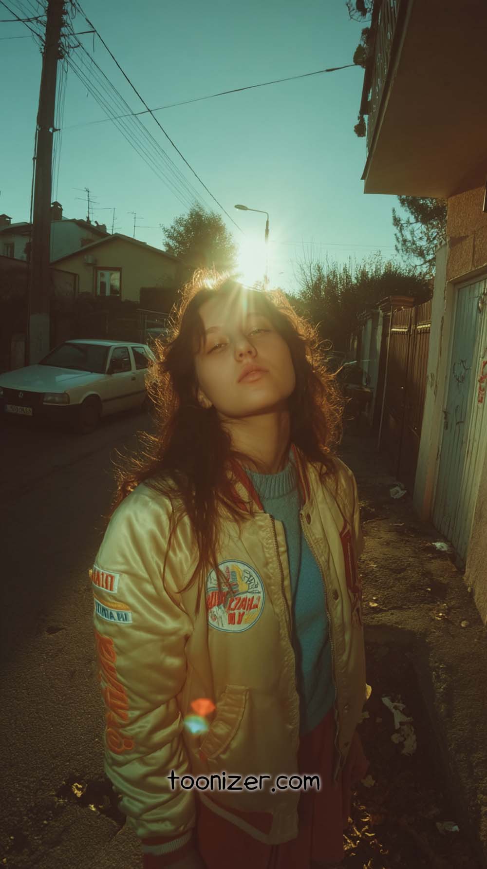 Person in jacket on sunlit street