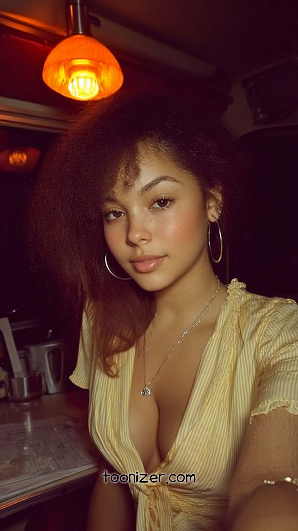 Woman in yellow top, sitting under warm light.