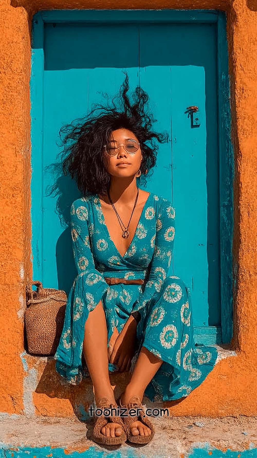 Woman in blue dress sitting by turquoise door