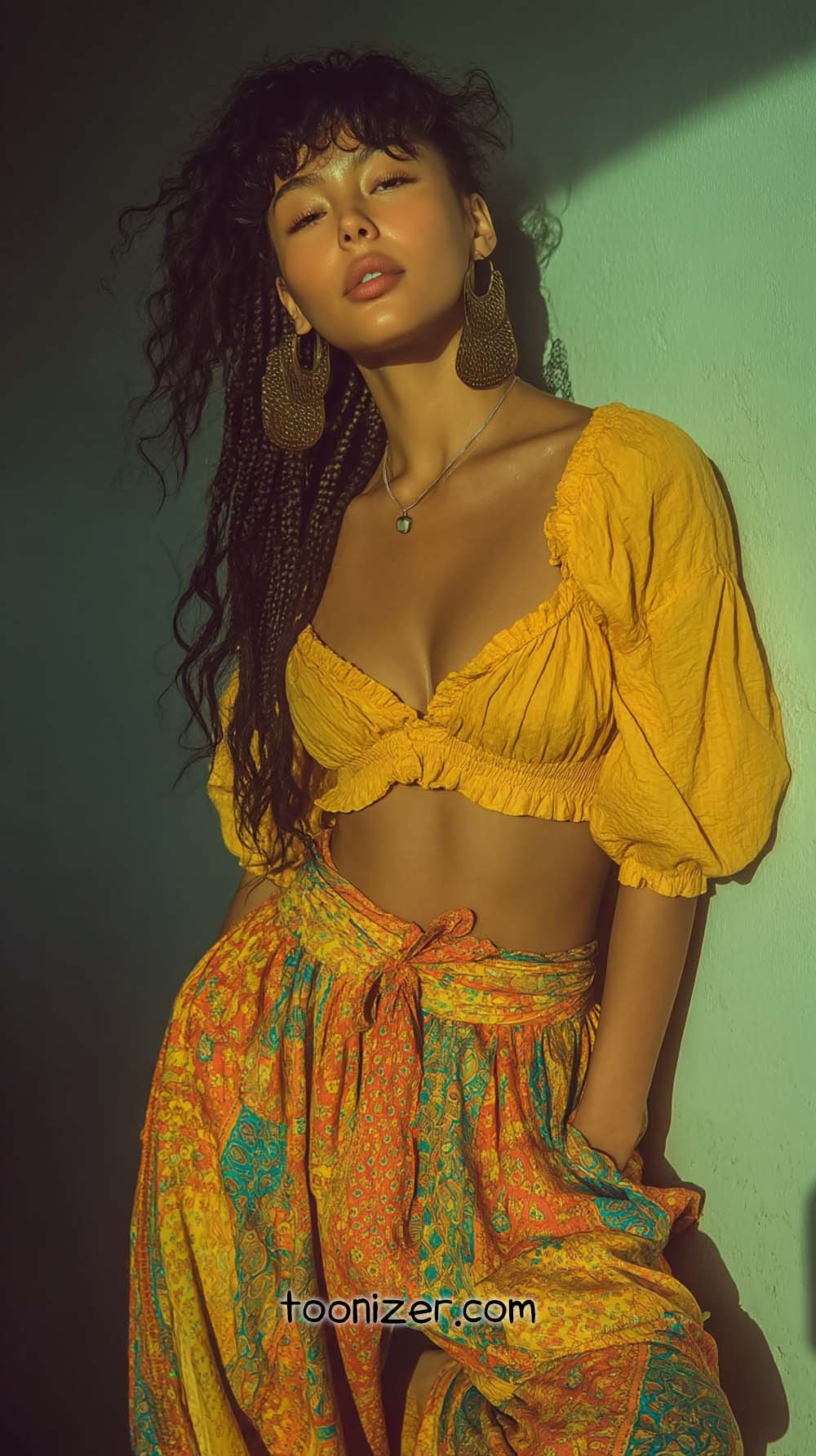 Woman in colorful bohemian outfit posing gracefully.