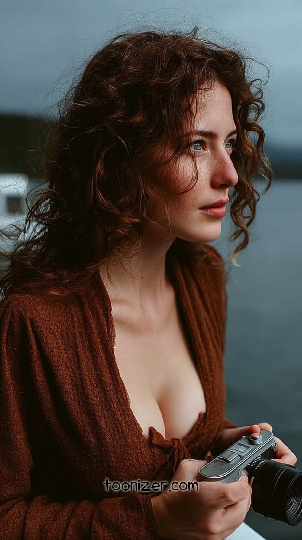 Person holding a camera by the water.