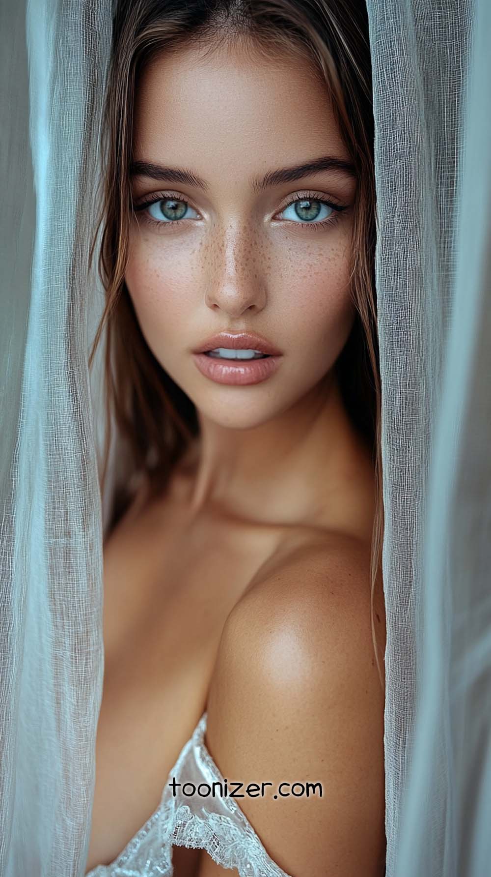 Woman with freckles behind sheer curtain