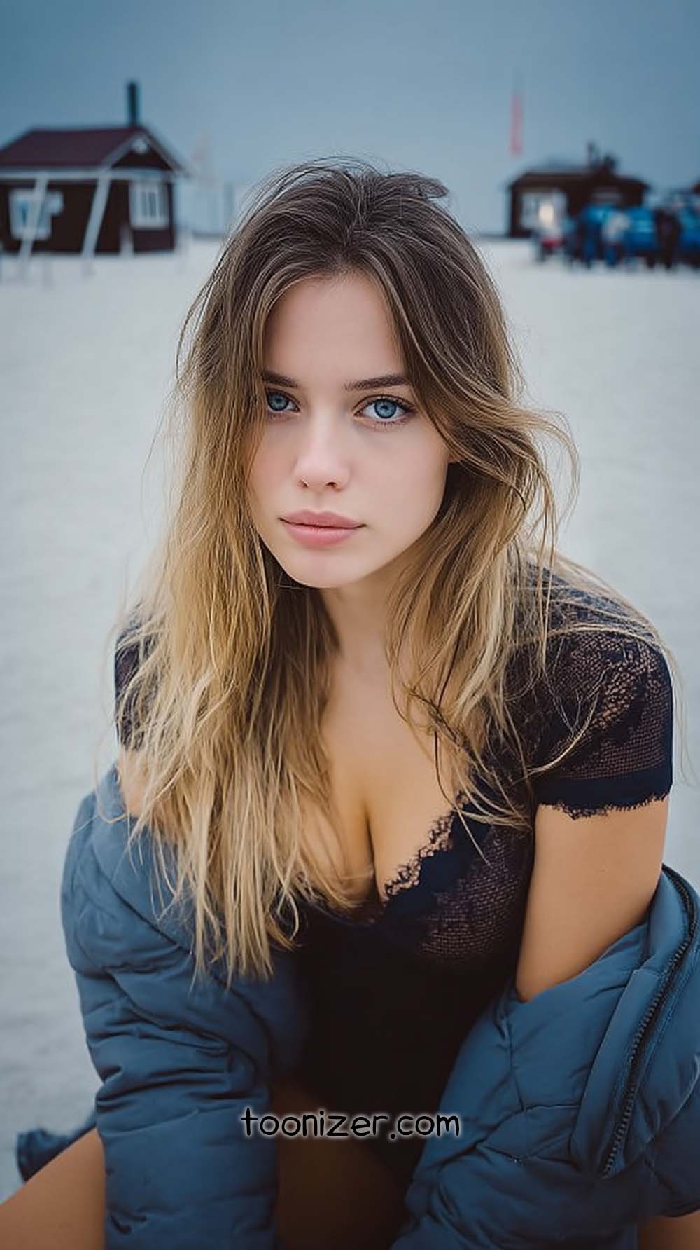 Woman sitting on the beach, wearing a jacket.